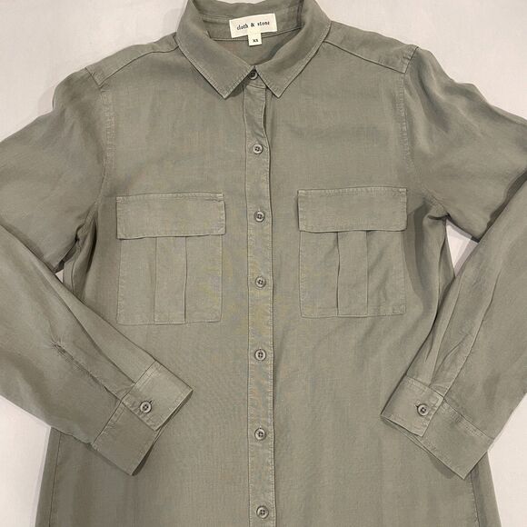 ~ Cloth & Stone XS Shirt Dress Sage Tencel Olive Green Khaki Midi Pockets - Picture 4 of 12